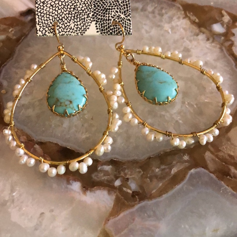 Turquoise with Little Wrapped Seed Pearls Earrings-Boutique